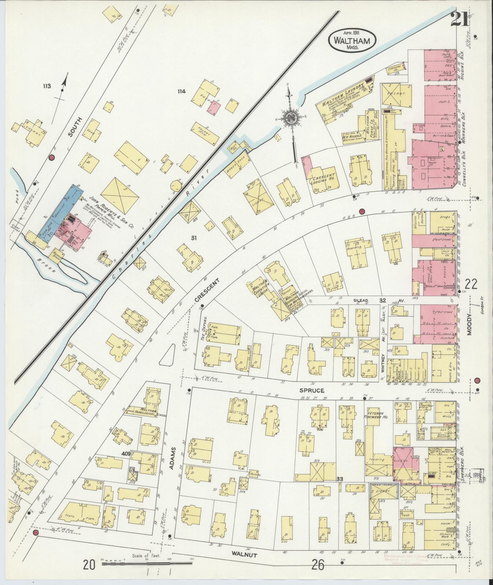 Sanborn Fire Insurance Map from Waltham, Middlesex County, Massachusetts (1911), Sheet #0021 - Historic Sanborn Fire Insurance Map Print, vintage old map wall art, antique decor, genealogy gift, Massachusetts Massachusetts map