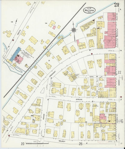 Sanborn Fire Insurance Map from Waltham, Middlesex County, Massachusetts (1911), Sheet #0021 - Historic Sanborn Fire Insurance Map Print, vintage old map wall art, antique decor, genealogy gift, Massachusetts Massachusetts map
