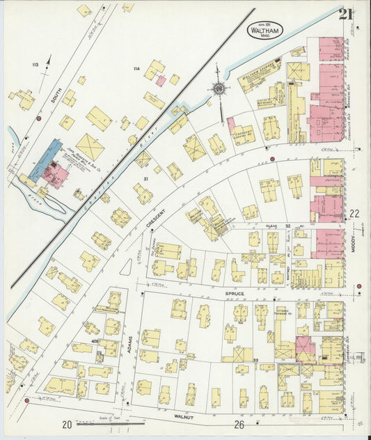 Sanborn Fire Insurance Map from Waltham, Middlesex County, Massachusetts (1911), Sheet #0021 - Historic Sanborn Fire Insurance Map Print, vintage old map wall art, antique decor, genealogy gift, Massachusetts Massachusetts map