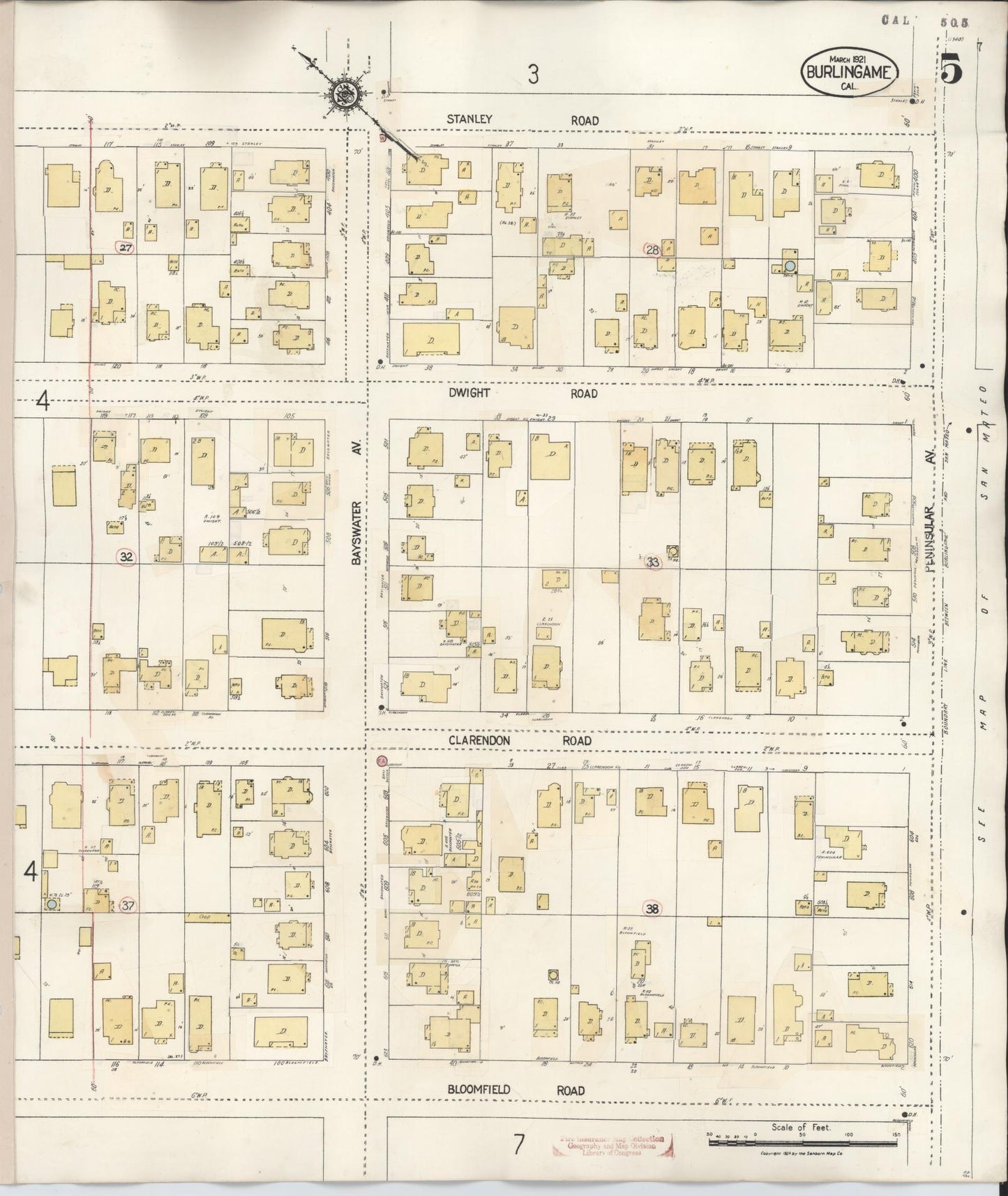 Sanborn Fire Insurance Map from Burlingame, San Mateo County, California (1949), Sheet #0005 - Historic Sanborn Fire Insurance Map Print, vintage old map wall art, antique decor, genealogy gift, California California map