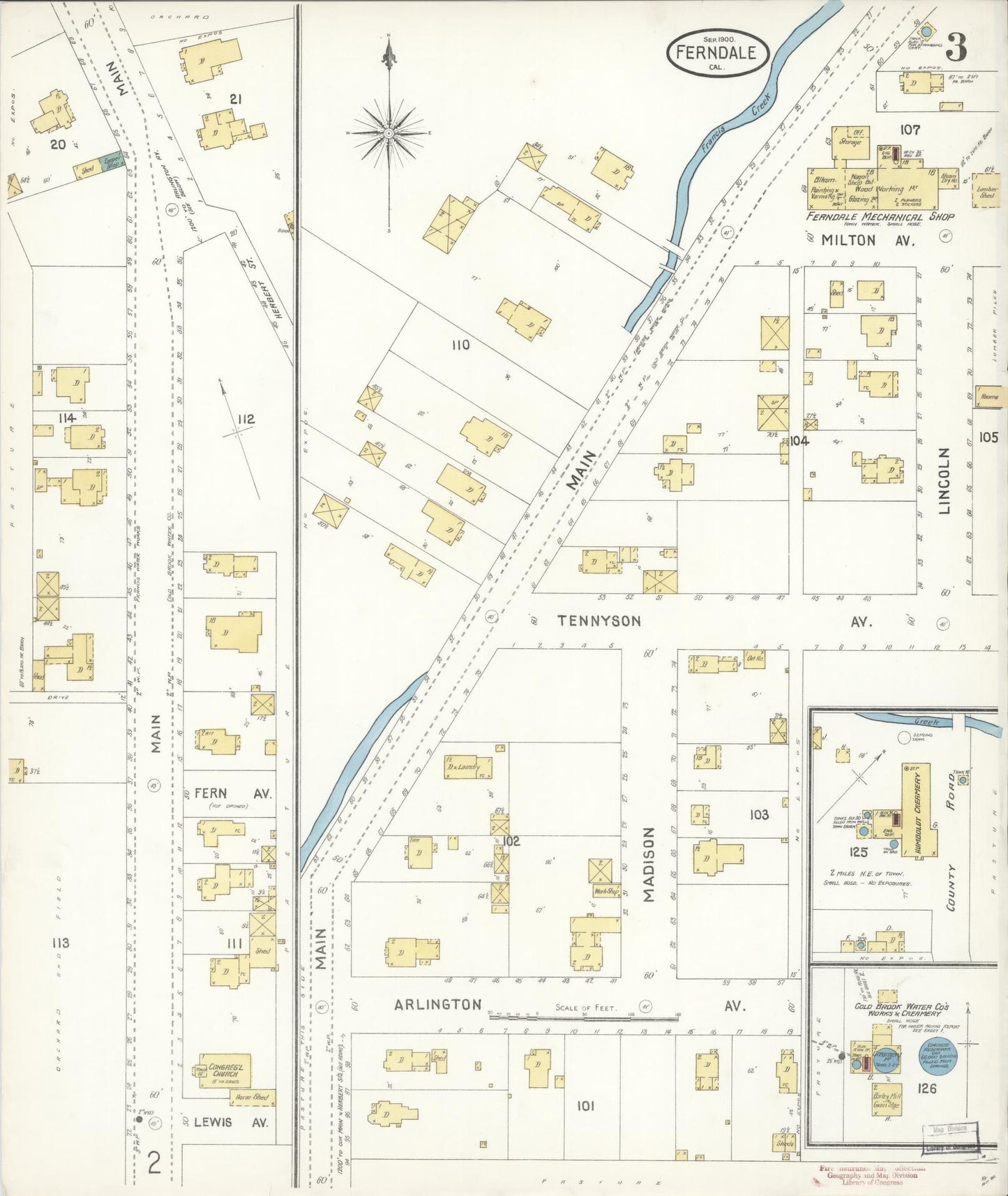 Sanborn Fire Insurance Map from Ferndale, Humboldt County, California (1900), Sheet #0003 - Complete Map Set gallery image, historic Sanborn map, vintage wall art, California California