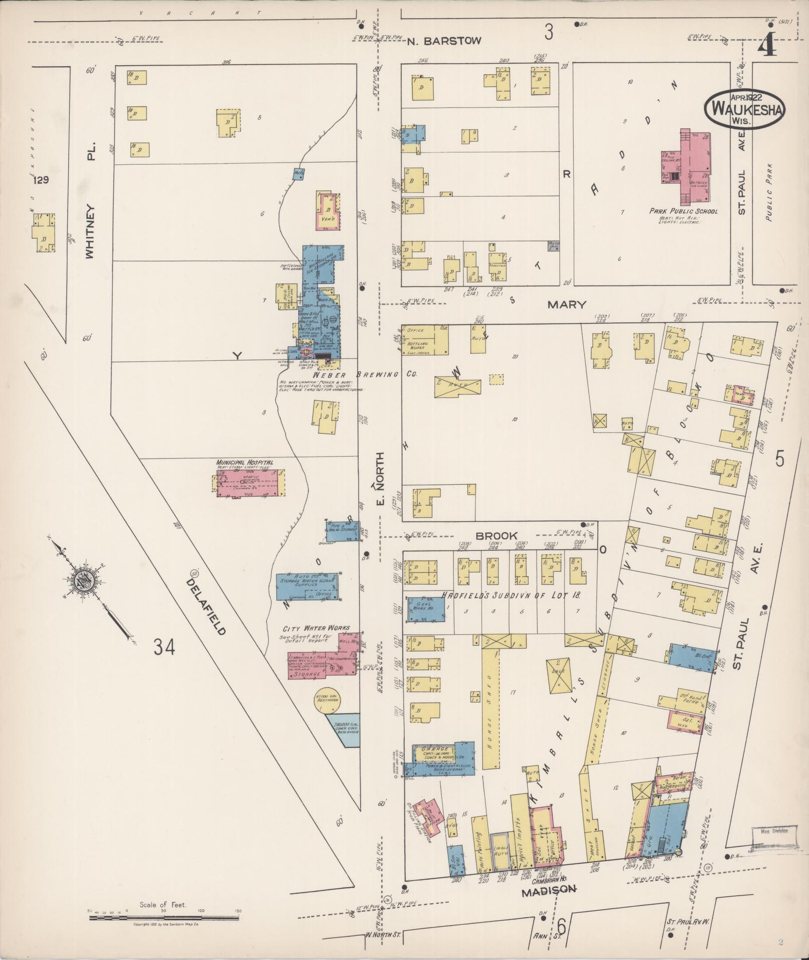 Sanborn Fire Insurance Map from Waukesha, Waukesha County, Wisconsin (1922), Sheet #0004 - Complete Map Set gallery image, historic Sanborn map, vintage wall art, Wisconsin Wisconsin