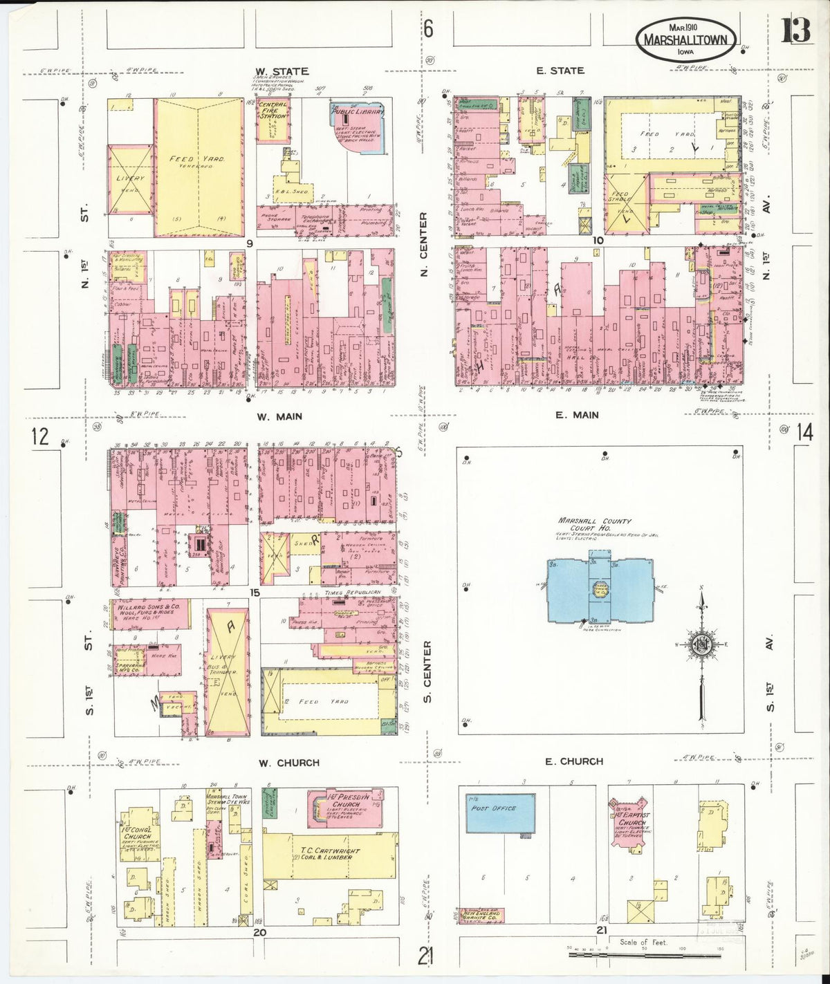 Sanborn Fire Insurance Map from Marshalltown, Marshall County, Iowa (1910), Sheet #0013 - Historic Sanborn Fire Insurance Map Print, vintage old map wall art