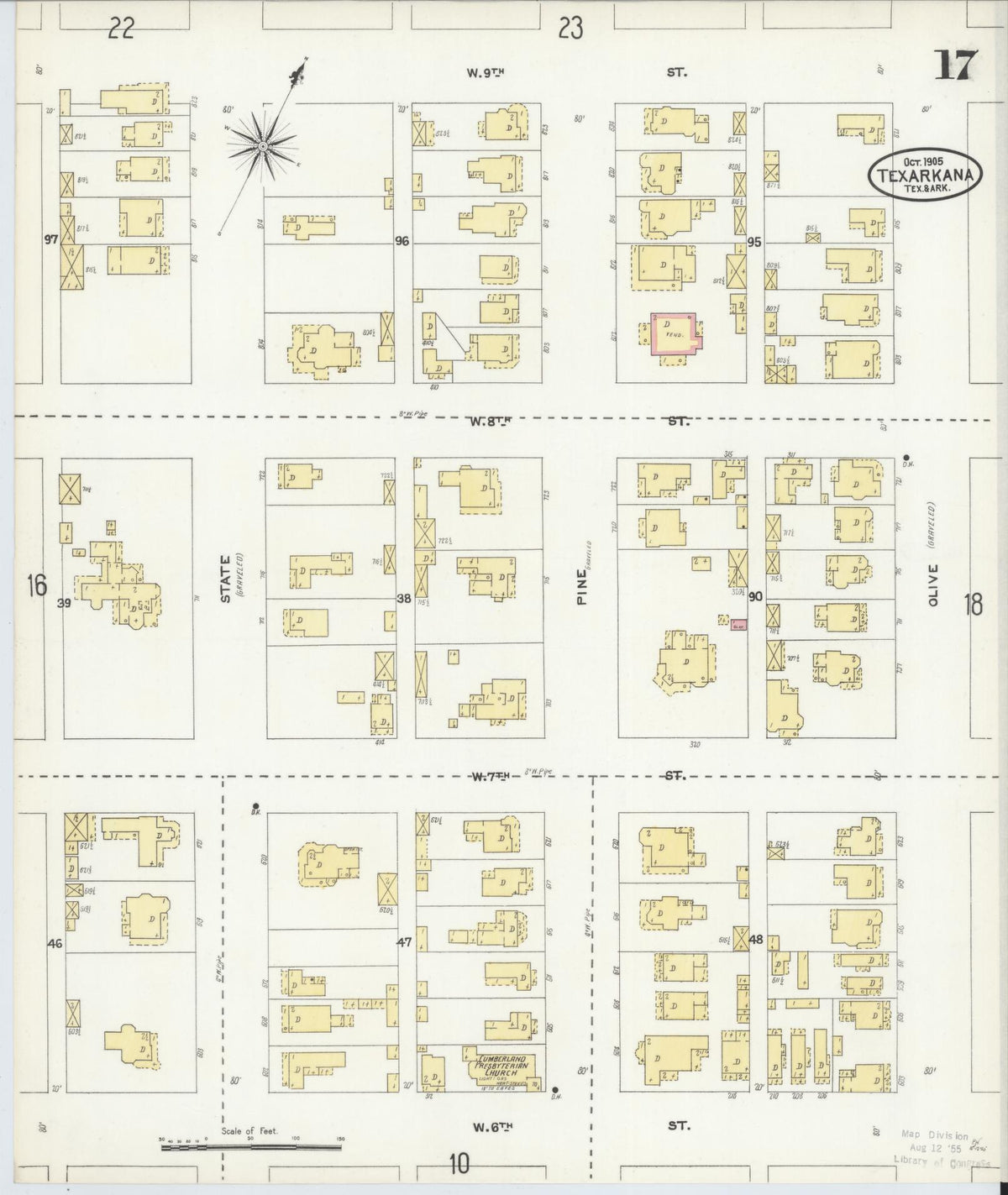Sanborn Fire Insurance Map from Texarkana, Bowie County, Texas (1905), Sheet #0017 - Historic Sanborn Fire Insurance Map Print, vintage old map wall art, antique decor, genealogy gift, Texas Texas map