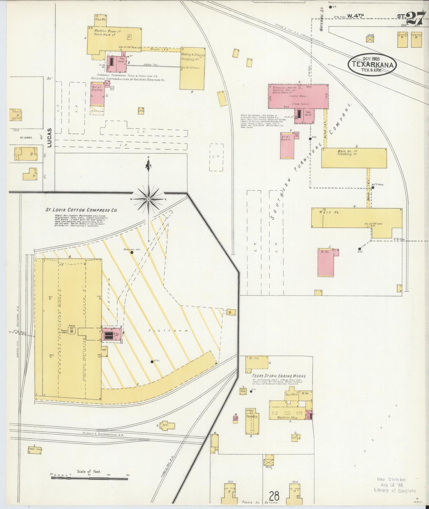 Sanborn Fire Insurance Map from Texarkana, Bowie County, Texas (1905), Sheet #0027 - Complete Map Set gallery image, historic Sanborn map, vintage wall art, Texas Texas