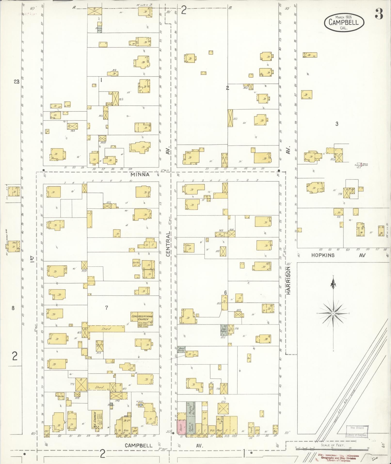 Sanborn Fire Insurance Map from Campbell, Santa Clara County, California (1905), Sheet #0003 - Historic Sanborn Fire Insurance Map Print, vintage old map wall art, antique decor, genealogy gift, California California map