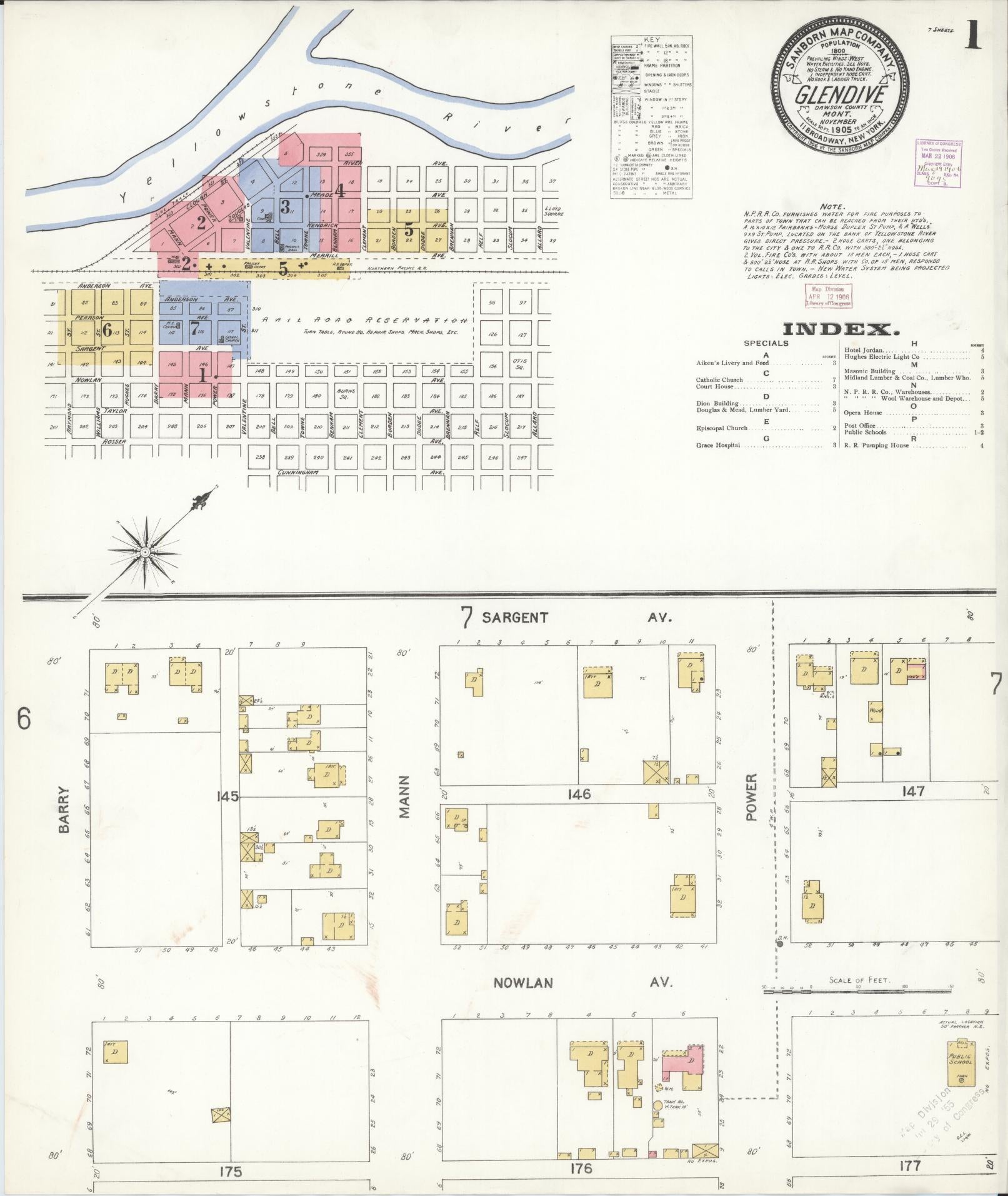 Sanborn Fire Insurance Map from Glendive, Dawson County, Montana (1905), Sheet #0001 - Complete Map Set gallery image, historic Sanborn map, vintage wall art, Montana Montana