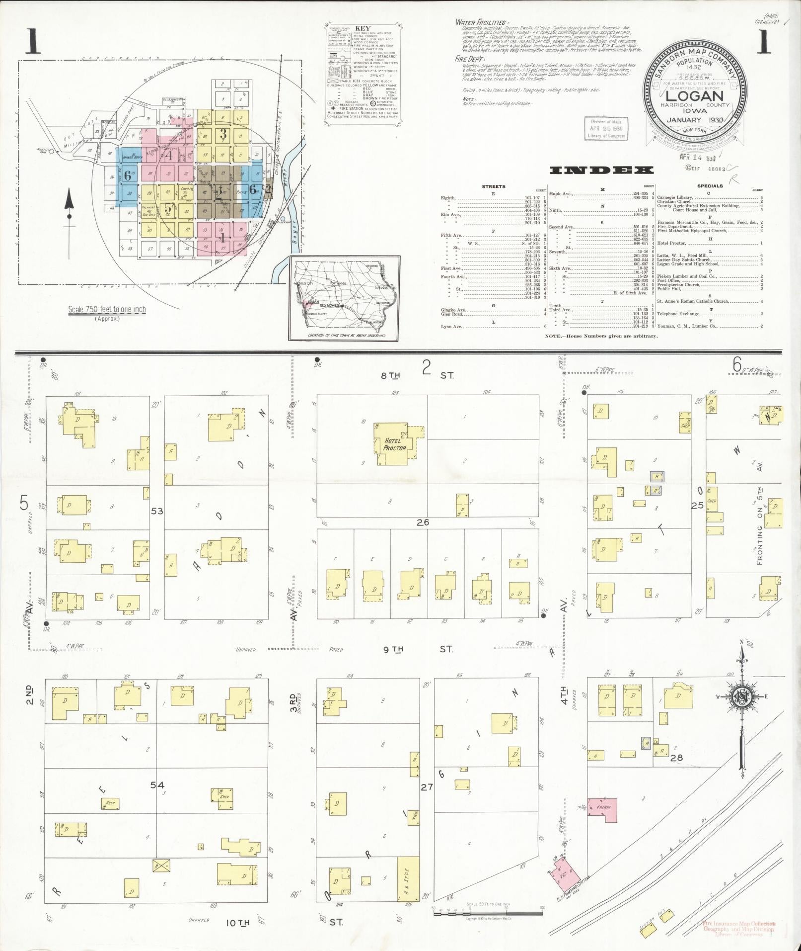 Sanborn Fire Insurance Map from Logan, Harrison County, Iowa (1930), Sheet #0001 - Historic Sanborn Fire Insurance Map Print, vintage old map wall art