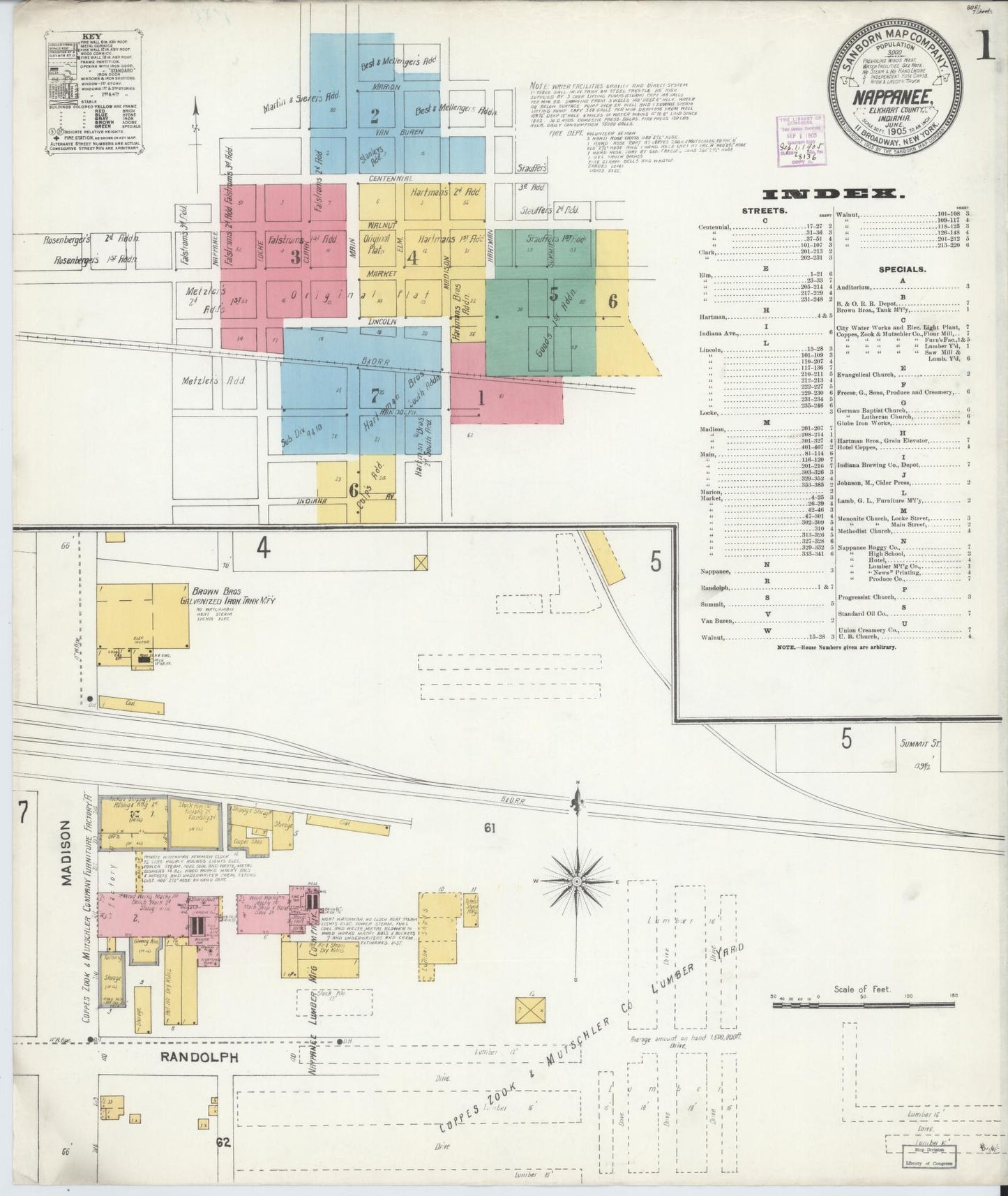 Sanborn Fire Insurance Map from Nappanee, Elkhart County, Indiana (1905), Sheet #0001 - Historic Sanborn Fire Insurance Map Print, vintage old map wall art, antique decor, genealogy gift, Indiana Indiana map