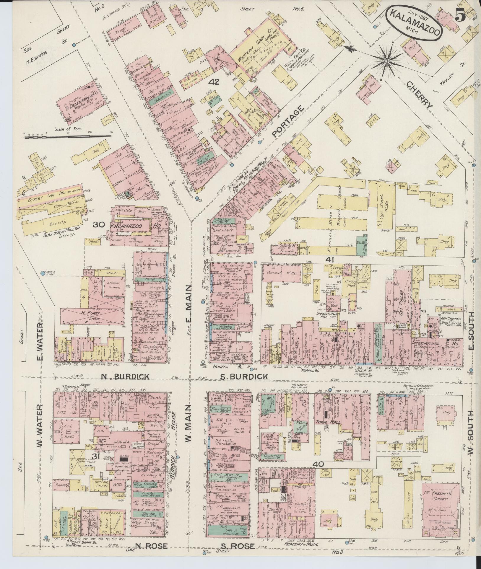 Sanborn Fire Insurance Map from Kalamazoo, Kalamazoo County, Michigan (1887), Sheet #0005 - Complete Map Set gallery image, historic Sanborn map, vintage wall art, Michigan Michigan