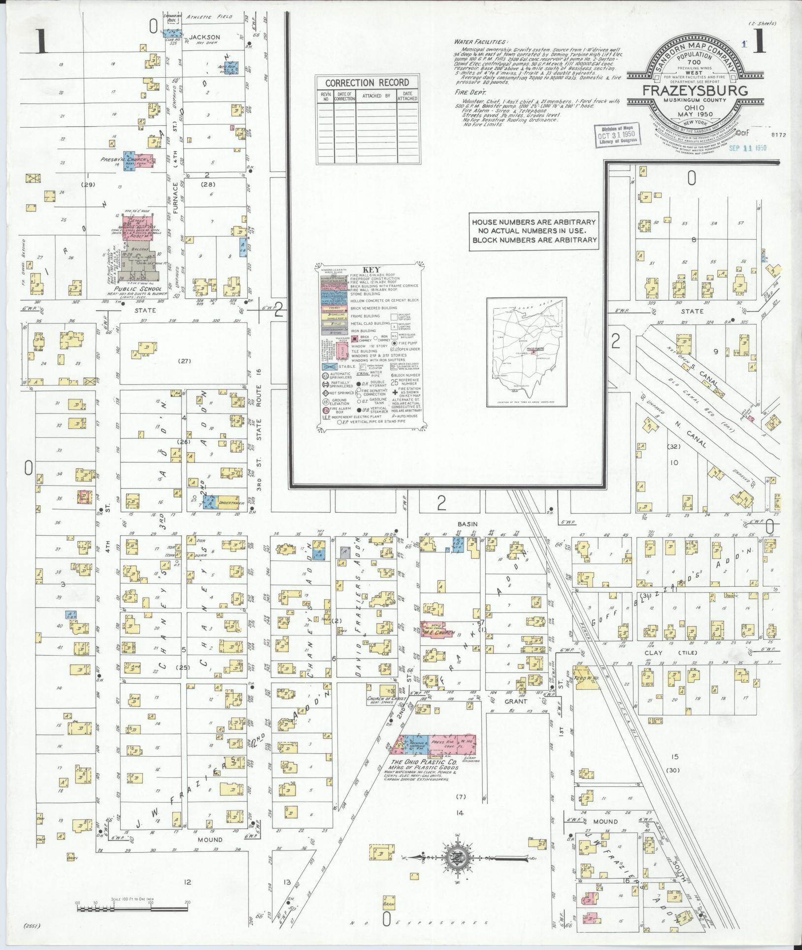 Sanborn Fire Insurance Map from Frazeysburg, Muskingum County, Ohio (1950), Sheet #0001 - Historic Sanborn Fire Insurance Map Print, vintage old map wall art, antique decor, genealogy gift, Ohio Ohio map