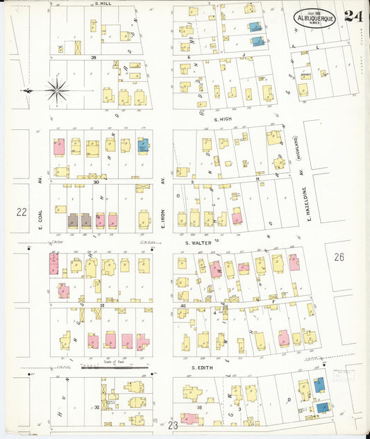 Sanborn Fire Insurance Map from Albuquerque, Bernalillo County, New Mexico (1908), Sheet #0024 - Historic Sanborn Fire Insurance Map Print, vintage old map wall art, antique decor, genealogy gift, New Mexico New Mexico map