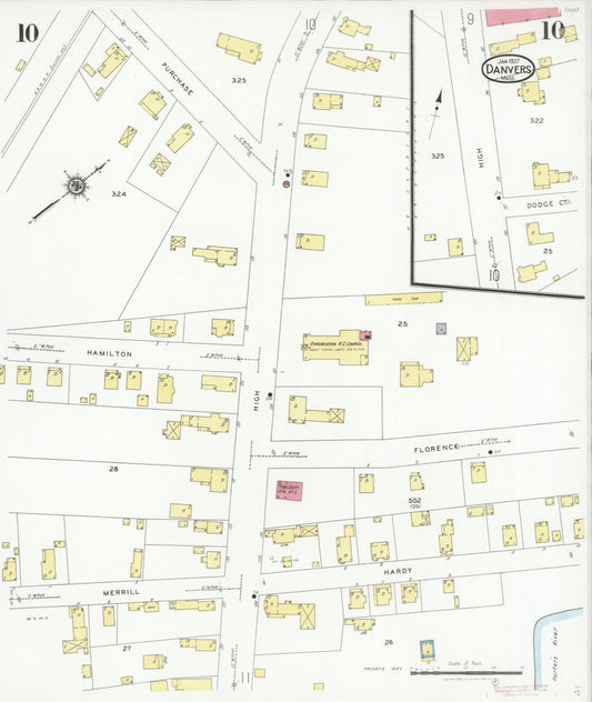 Sanborn Fire Insurance Map from Danvers, Essex County, Massachusetts (1927), Sheet #0010 - Historic Sanborn Fire Insurance Map Print, vintage old map wall art, antique decor, genealogy gift, Massachusetts Massachusetts map