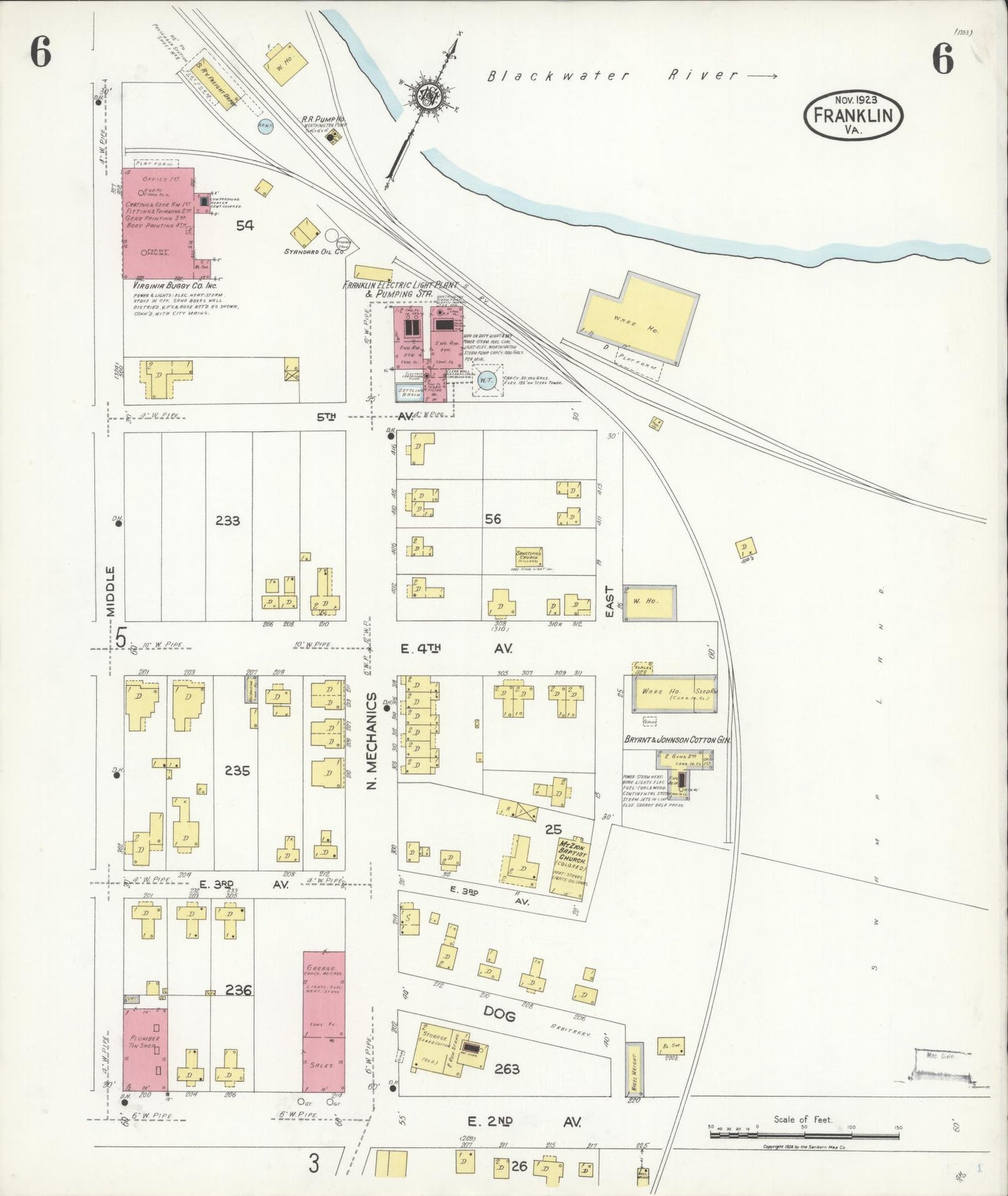 Sanborn Fire Insurance Map from Franklin, Independent Cities, Virginia (1923), Sheet #0006 - Complete Map Set gallery image, historic Sanborn map, vintage wall art, Virginia Virginia