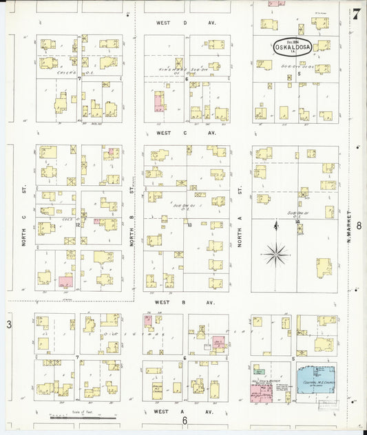 Sanborn Fire Insurance Map from Oskaloosa, Mahaska County, Iowa (1896), Sheet #0007 - Historic Sanborn Fire Insurance Map Print, vintage old map wall art