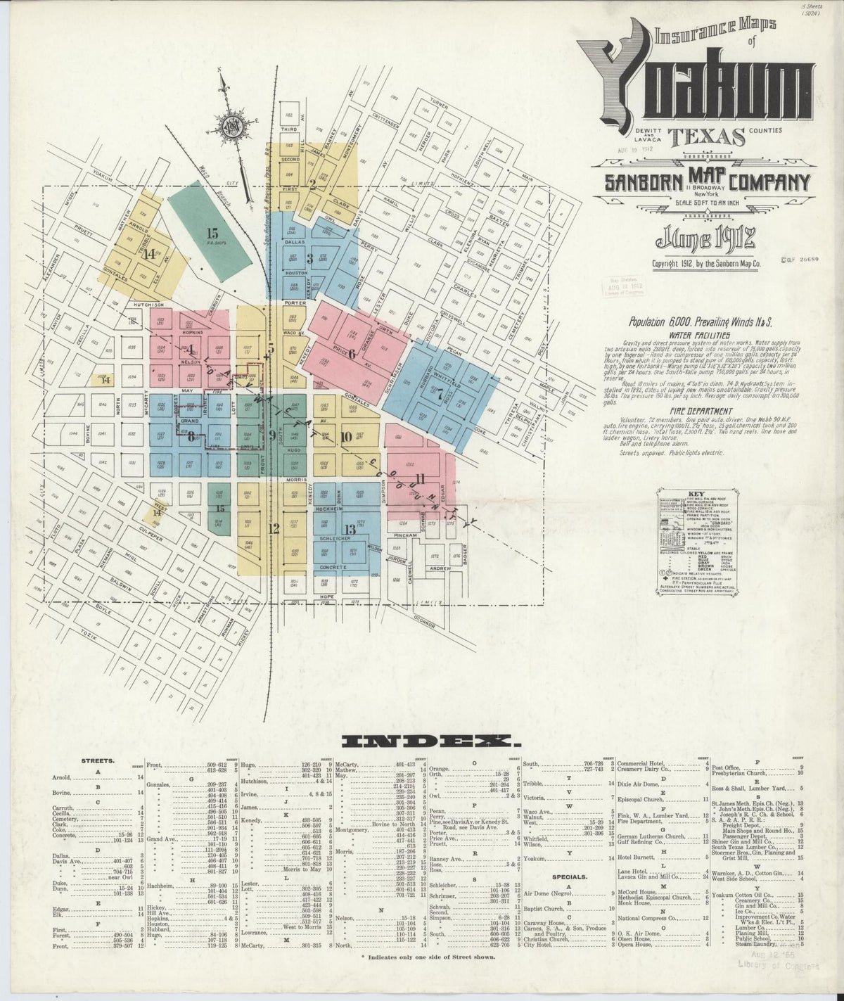 Sanborn Fire Insurance Map from Yoakum, De Witt And Lavaca Counties, Texas (1912), Sheet #0001 - Complete Map Set gallery image, historic Sanborn map, vintage wall art, Texas Texas