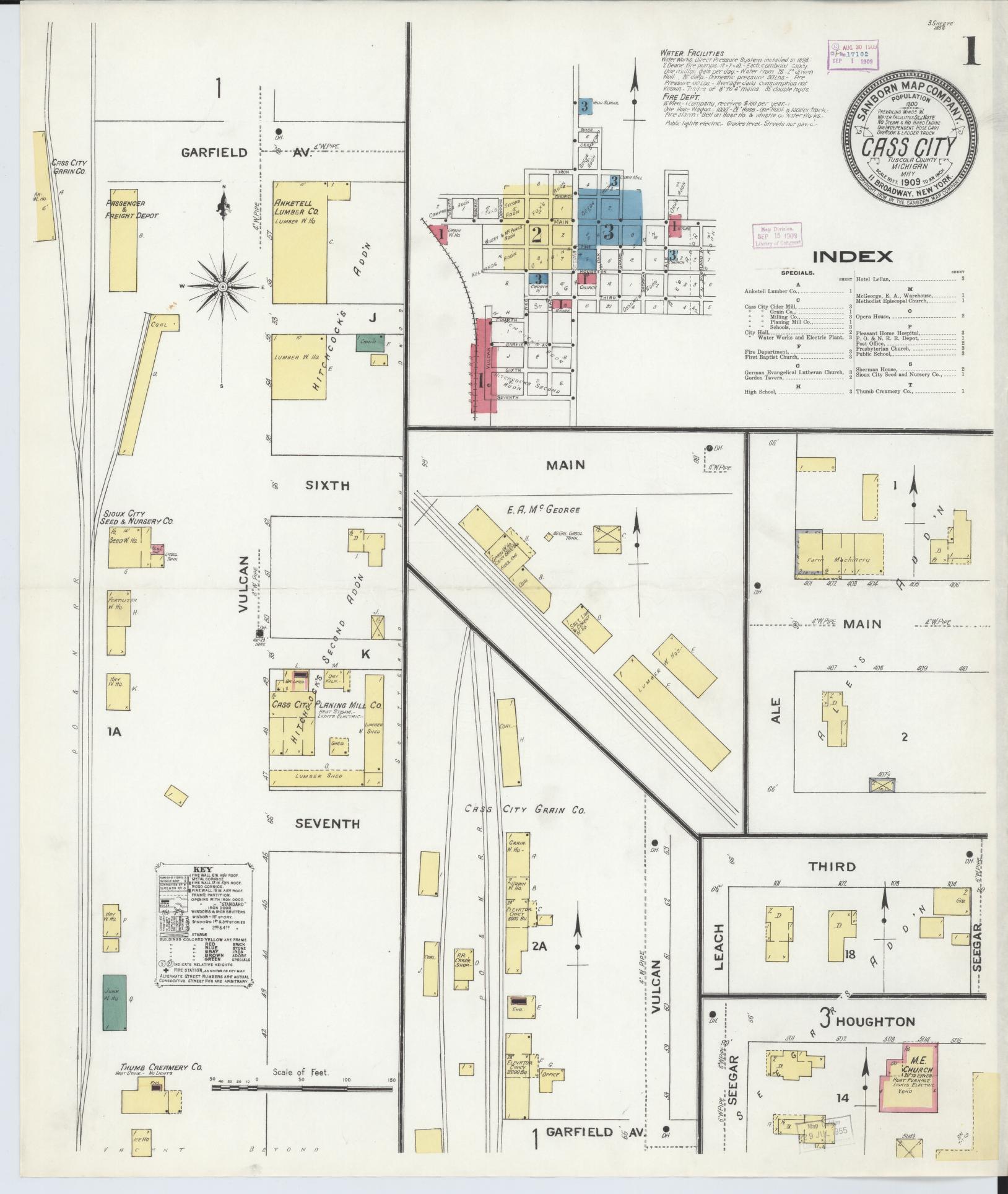 Sanborn Fire Insurance Map from Cass City, Tuscola County, Michigan (1909), Sheet #0001 - Historic Sanborn Fire Insurance Map Print, vintage old map wall art, antique decor, genealogy gift, Michigan Michigan map