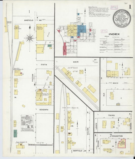 Sanborn Fire Insurance Map from Cass City, Tuscola County, Michigan (1909), Sheet #0001 - Historic Sanborn Fire Insurance Map Print, vintage old map wall art, antique decor, genealogy gift, Michigan Michigan map