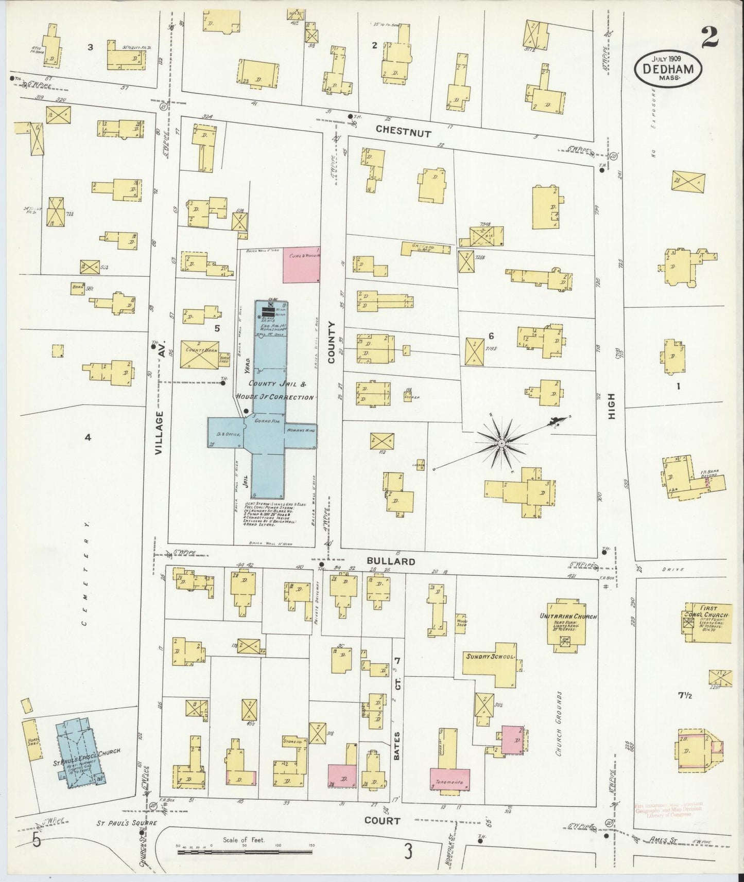 Sanborn Fire Insurance Map from Dedham, Norfolk County, Massachusetts (1909), Sheet #0002 - Historic Sanborn Fire Insurance Map Print, vintage old map wall art, antique decor, genealogy gift, Massachusetts Massachusetts map