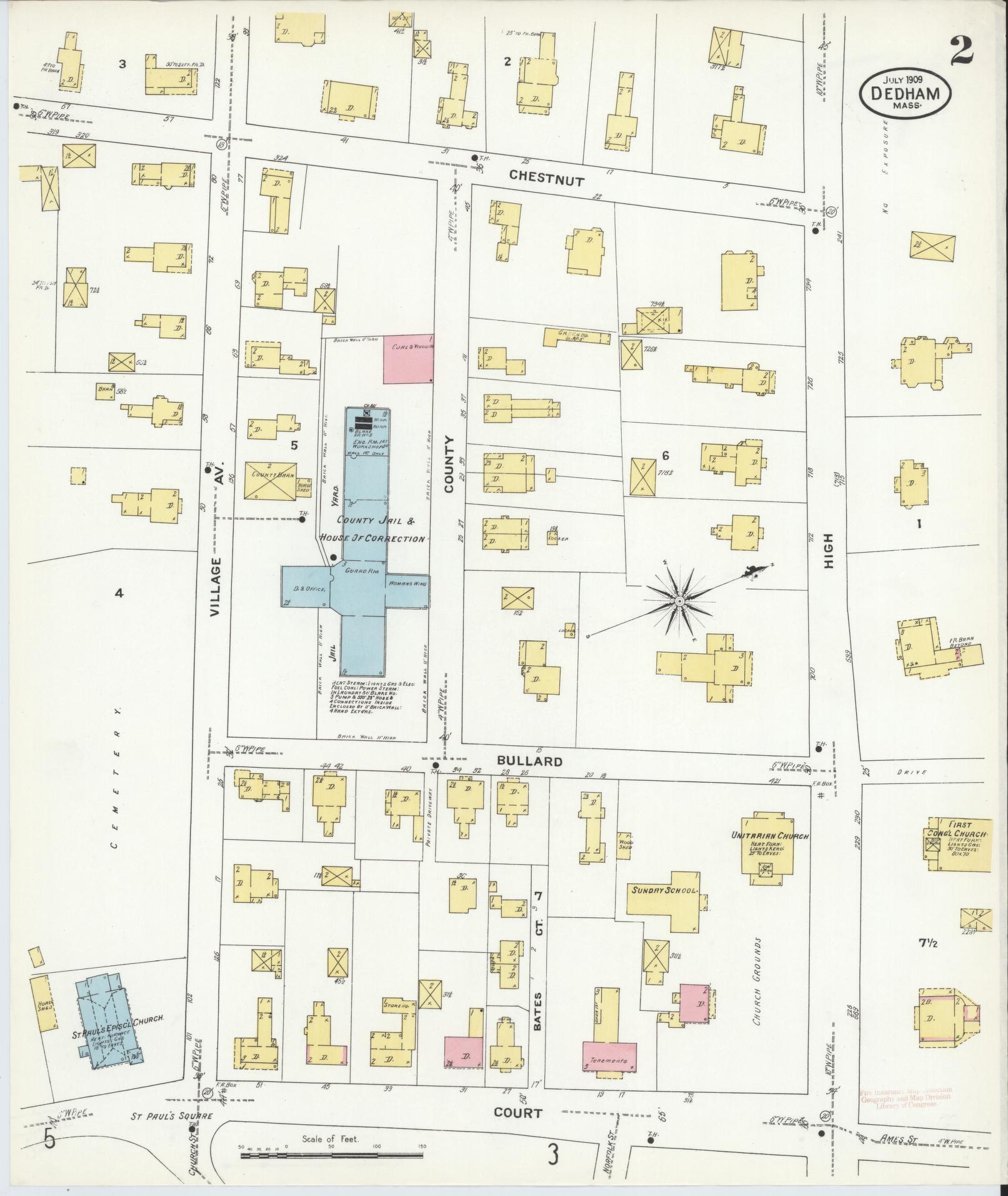 Sanborn Fire Insurance Map from Dedham, Norfolk County, Massachusetts (1909), Sheet #0002 - Historic Sanborn Fire Insurance Map Print, vintage old map wall art, antique decor, genealogy gift, Massachusetts Massachusetts map