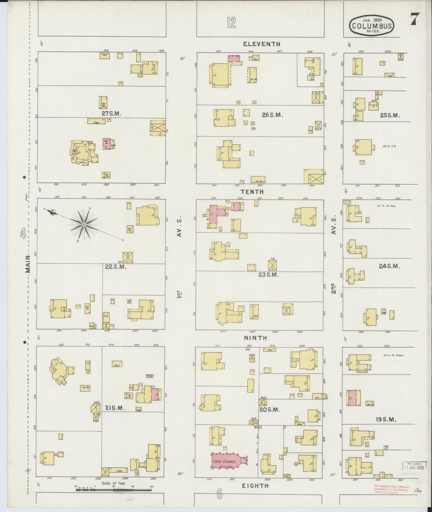 Sanborn Fire Insurance Map from Columbus, Lowndes County, Mississippi (1895), Sheet #0007 - Historic Sanborn Fire Insurance Map Print, vintage old map wall art, antique decor, genealogy gift, Mississippi Mississippi map