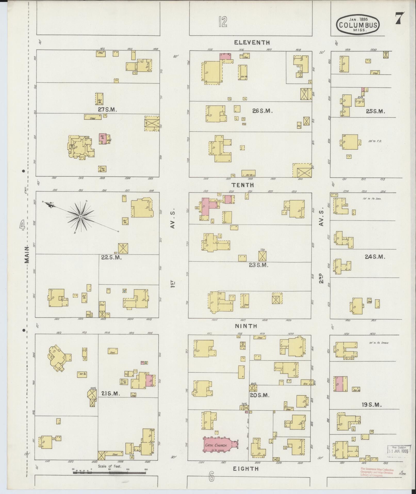 Sanborn Fire Insurance Map from Columbus, Lowndes County, Mississippi (1895), Sheet #0007 - Historic Sanborn Fire Insurance Map Print, vintage old map wall art, antique decor, genealogy gift, Mississippi Mississippi map