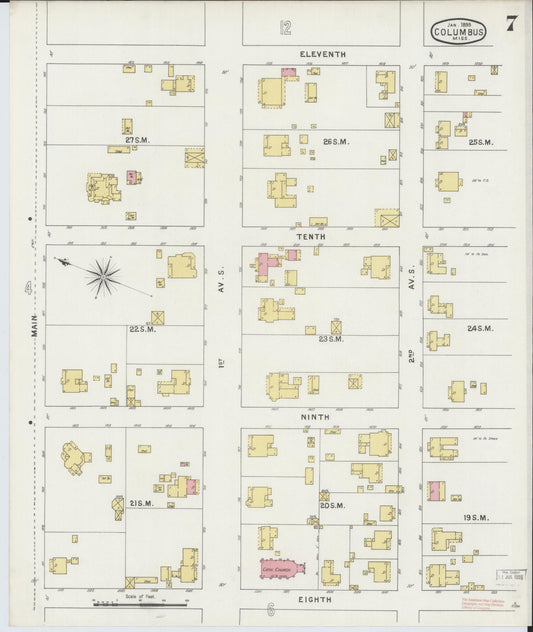 Sanborn Fire Insurance Map from Columbus, Lowndes County, Mississippi (1895), Sheet #0007 - Historic Sanborn Fire Insurance Map Print, vintage old map wall art, antique decor, genealogy gift, Mississippi Mississippi map