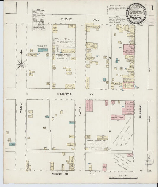 Sanborn Fire Insurance Map from Pierre, Hughes County, South Dakota (1885), Sheet #0001 - Historic Sanborn Fire Insurance Map Print, vintage old map wall art, antique decor, genealogy gift, South Dakota South Dakota map