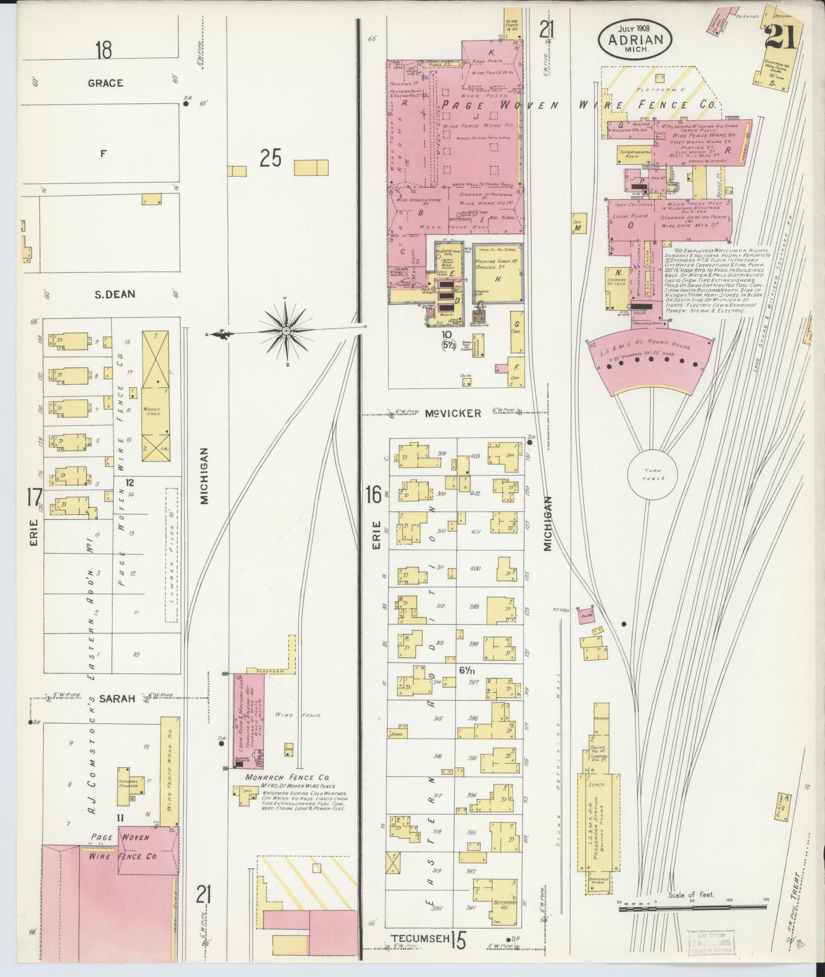 Sanborn Fire Insurance Map from Adrian, Lenawee County, Michigan (1908), Sheet #0021 - Complete Map Set gallery image, historic Sanborn map, vintage wall art, Michigan Michigan