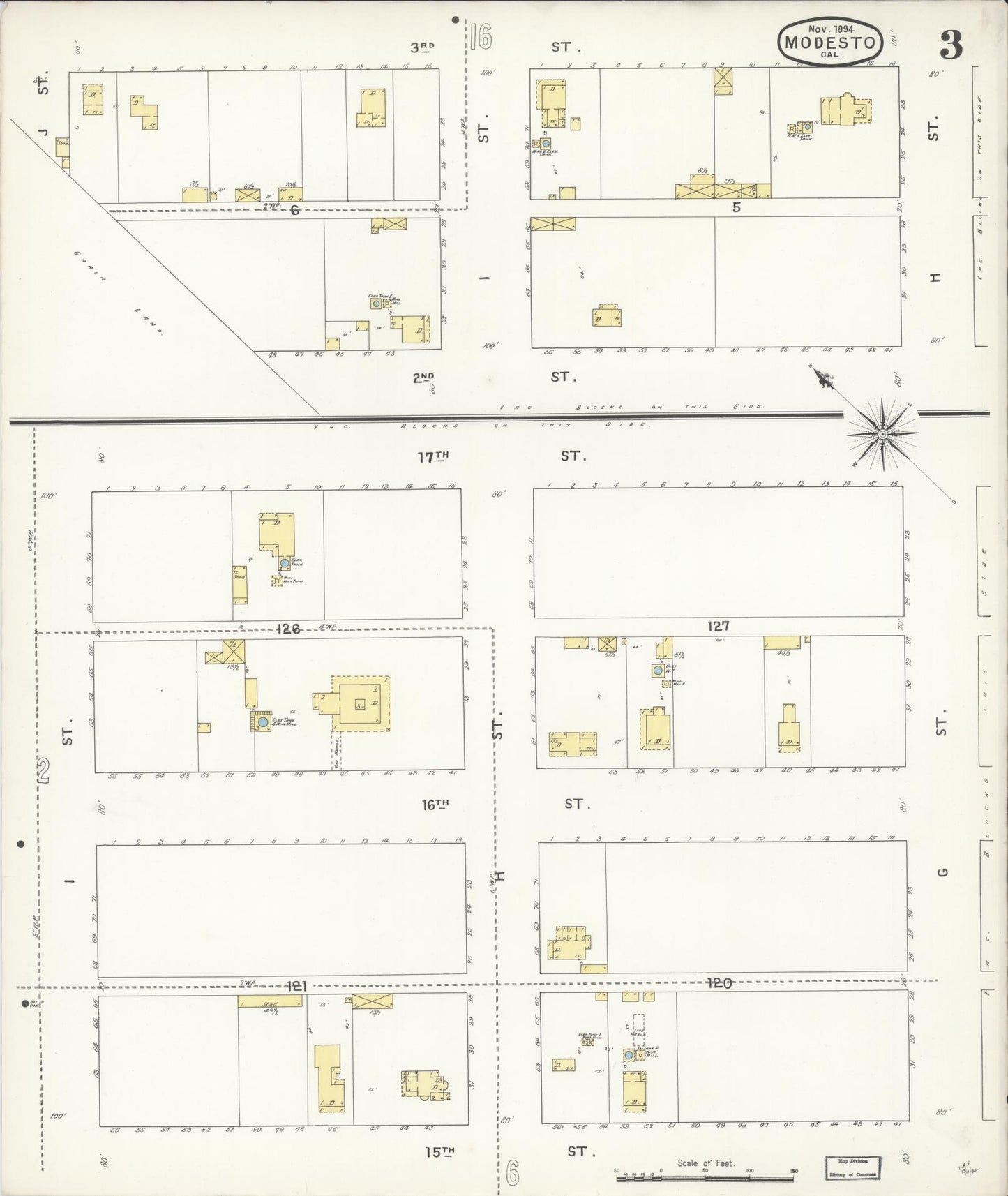 Sanborn Fire Insurance Map from Modesto, Stanislaus County, California (1894), Sheet #0003 - Complete Map Set gallery image, historic Sanborn map, vintage wall art, California California