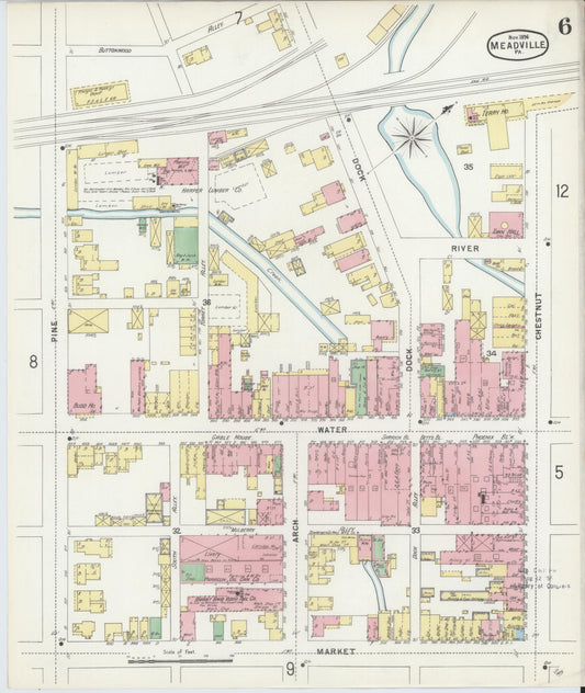 Sanborn Fire Insurance Map from Meadville, Crawford County, Pennsylvania (1896), Sheet #0006 - Historic Sanborn Fire Insurance Map Print, vintage old map wall art, antique decor, genealogy gift, Pennsylvania Pennsylvania map