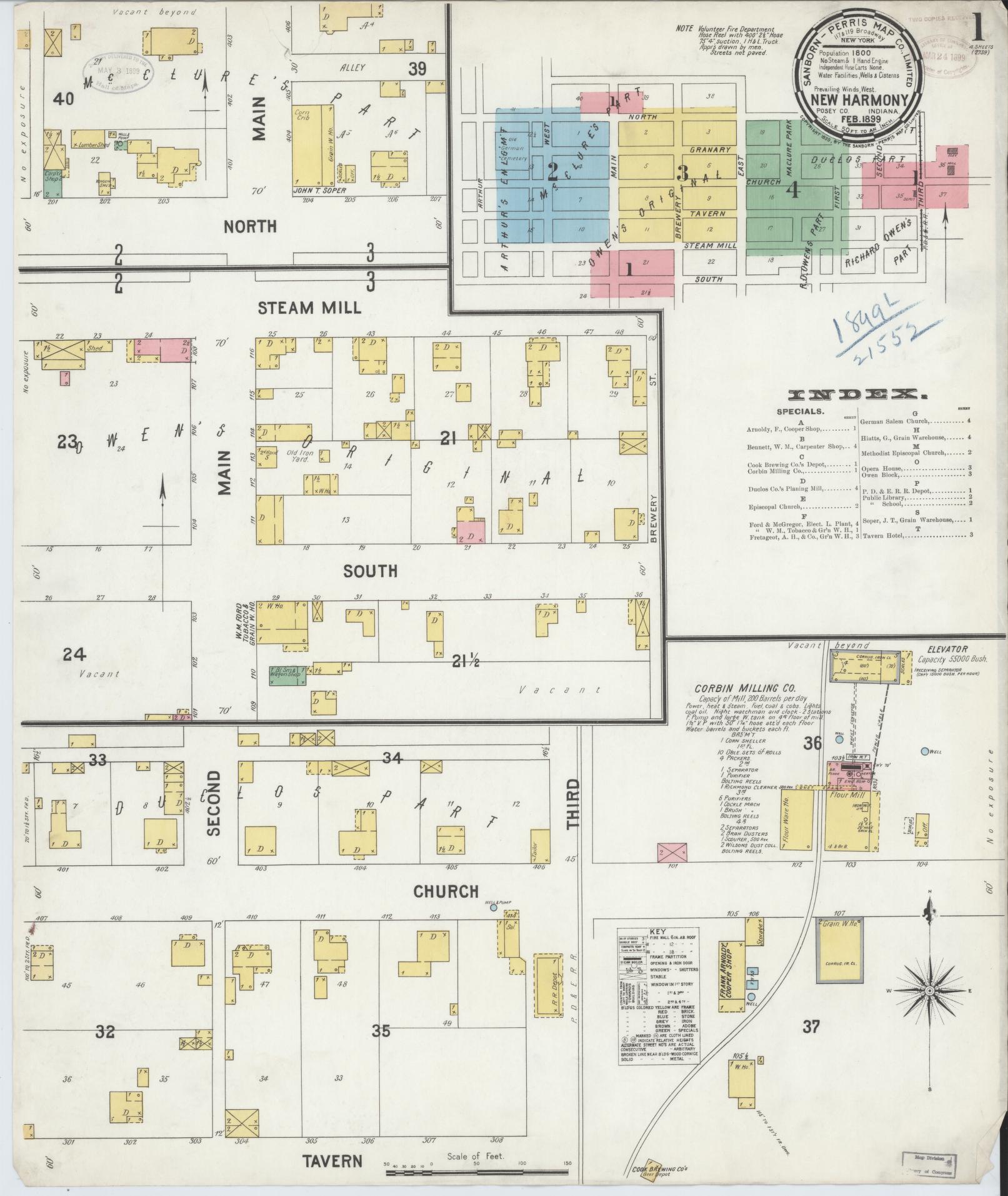 Sanborn Fire Insurance Map from New Harmony, Posey County, Indiana (1899), Sheet #0001 - Historic Sanborn Fire Insurance Map Print, vintage old map wall art, antique decor, genealogy gift, Indiana Indiana map