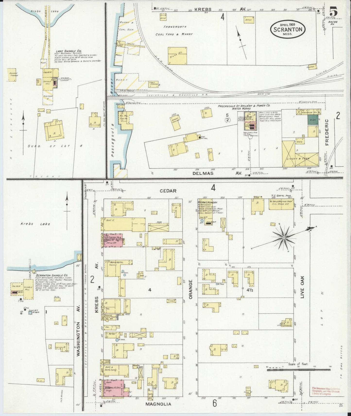 Sanborn Fire Insurance Map from Scranton, Jackson County, Mississippi (1909), Sheet #0005 - Complete Map Set gallery image, historic Sanborn map, vintage wall art, Mississippi Mississippi
