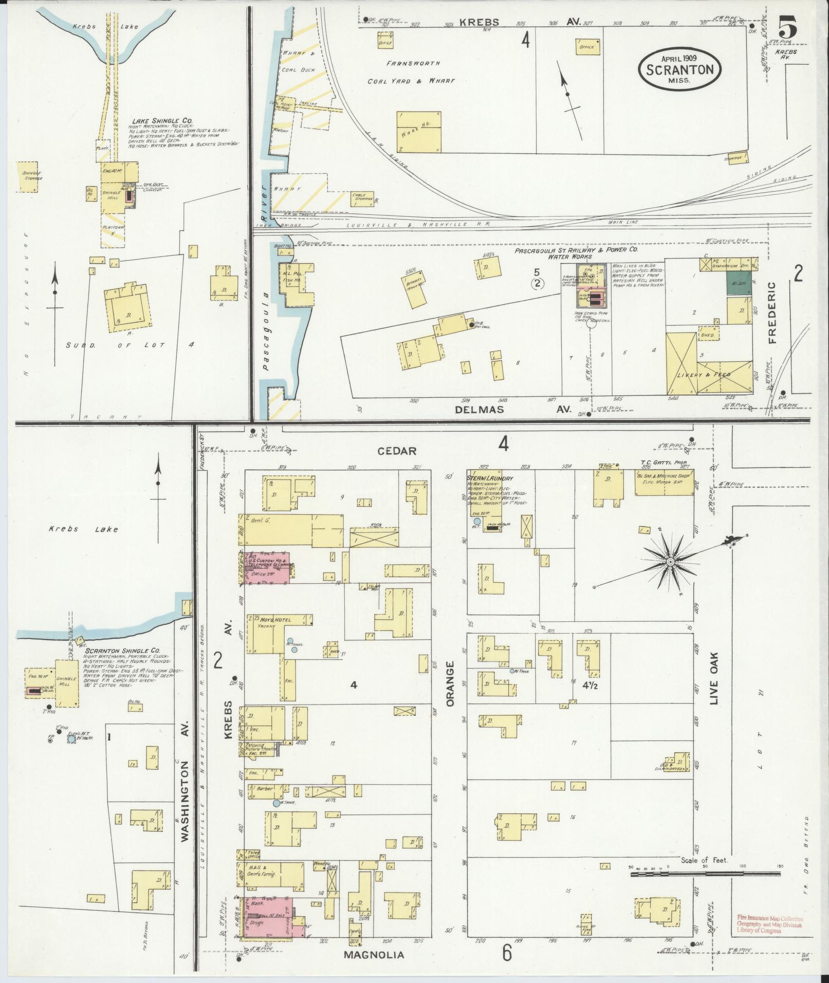 Sanborn Fire Insurance Map from Scranton, Jackson County, Mississippi (1909), Sheet #0005 - Complete Map Set gallery image, historic Sanborn map, vintage wall art, Mississippi Mississippi