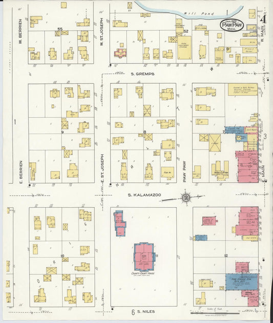 Sanborn Fire Insurance Map from Paw Paw, Van Buren County, Michigan (1922), Sheet #0004 - Historic Sanborn Fire Insurance Map Print, vintage old map wall art, antique decor, genealogy gift, Michigan Michigan map