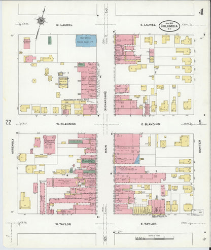 Sanborn Fire Insurance Map from Columbia, Richland County, South Carolina (1910), Sheet #0004 - Complete Map Set gallery image, historic Sanborn map, vintage wall art, South Carolina South Carolina