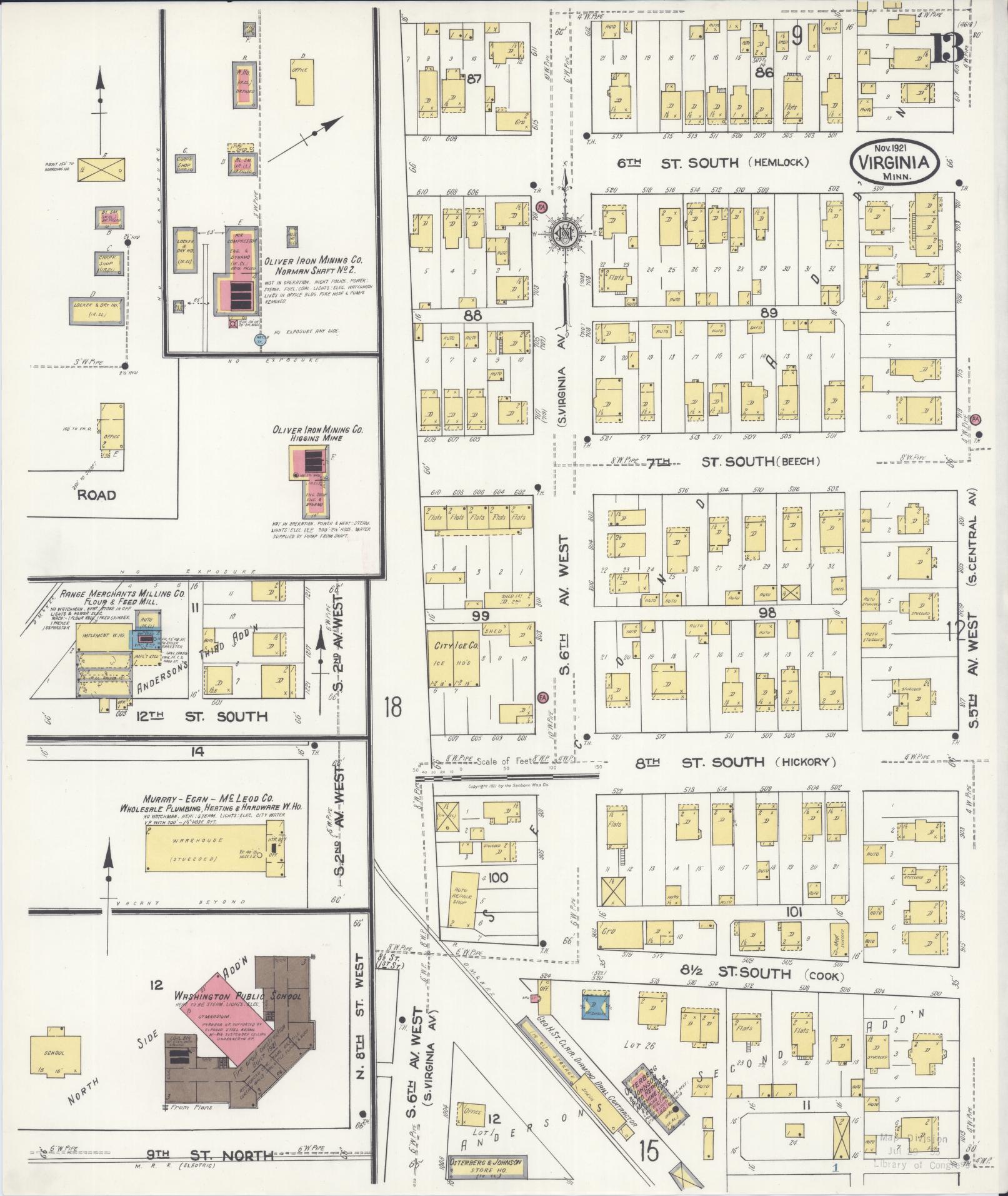 Sanborn Fire Insurance Map from Virginia, Saint Louis County, Minnesota (1921), Sheet #0013 - Complete Map Set gallery image, historic Sanborn map, vintage wall art, Minnesota Minnesota