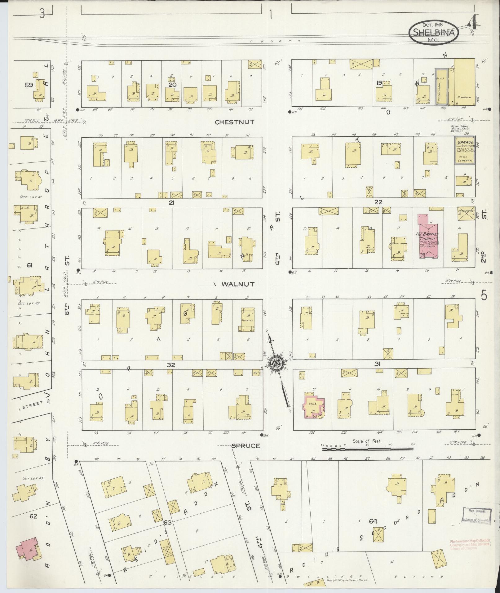 Sanborn Fire Insurance Map from Shelbina, Shelby County, Missouri (1916), Sheet #0004 - Historic Sanborn Fire Insurance Map Print, vintage old map wall art, antique decor, genealogy gift, Missouri Missouri map