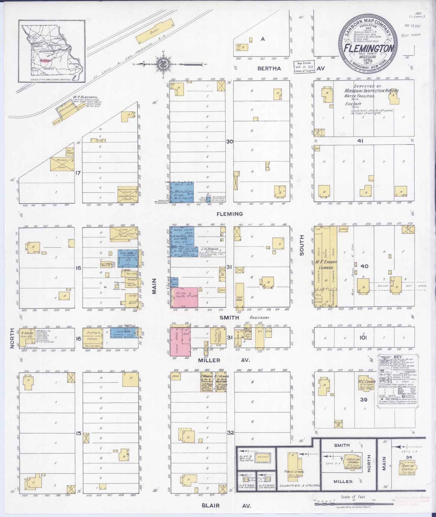 Sanborn Fire Insurance Map from Flemington, Polk County, Missouri (1917), Sheet #0001 - Historic Sanborn Fire Insurance Map Print, vintage old map wall art, antique decor, genealogy gift, Missouri Missouri map