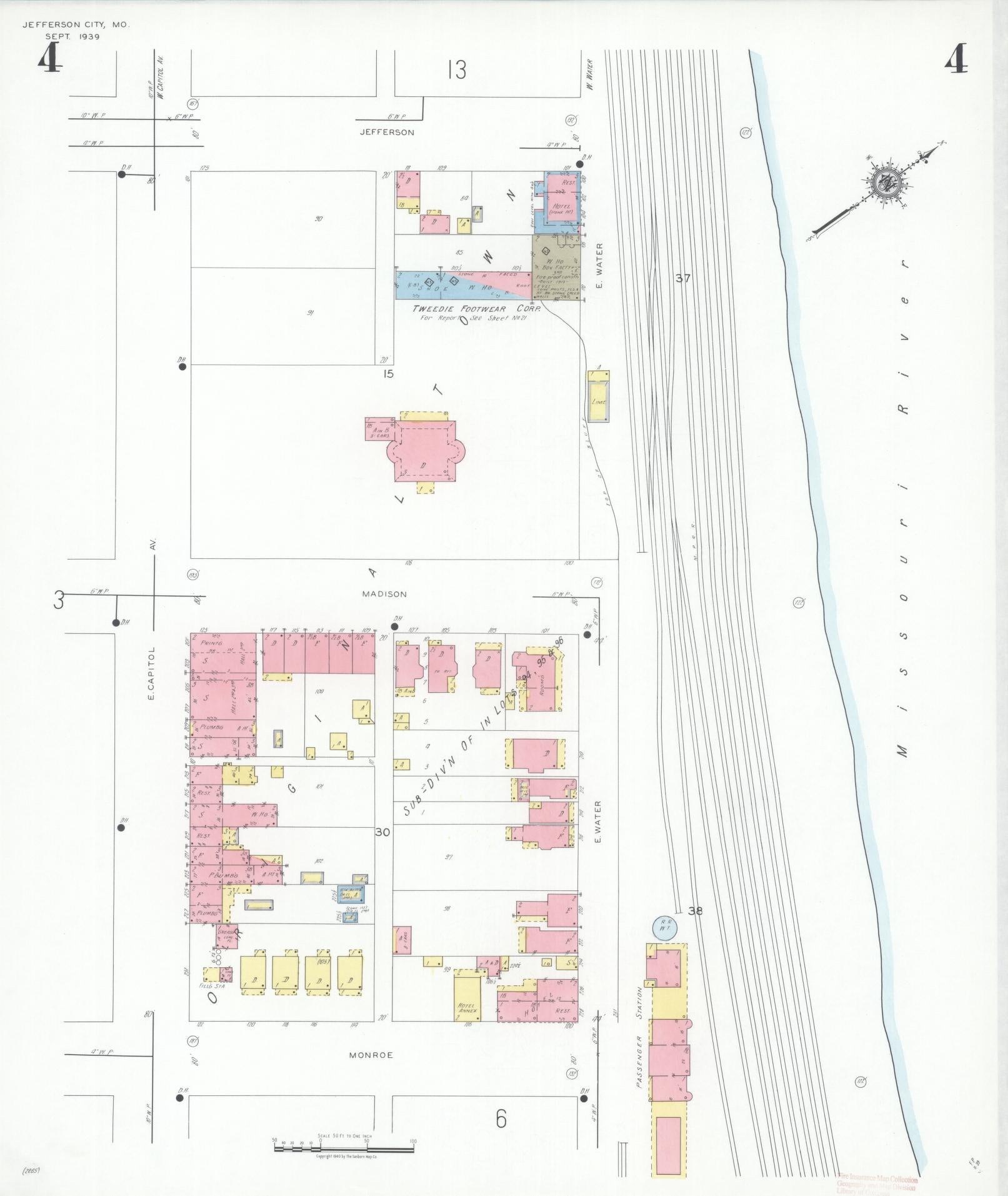 Sanborn Fire Insurance Map from Jefferson City, Cole County, Missouri (1939), Sheet #0004 - Historic Sanborn Fire Insurance Map Print, vintage old map wall art, antique decor, genealogy gift, Missouri Missouri map