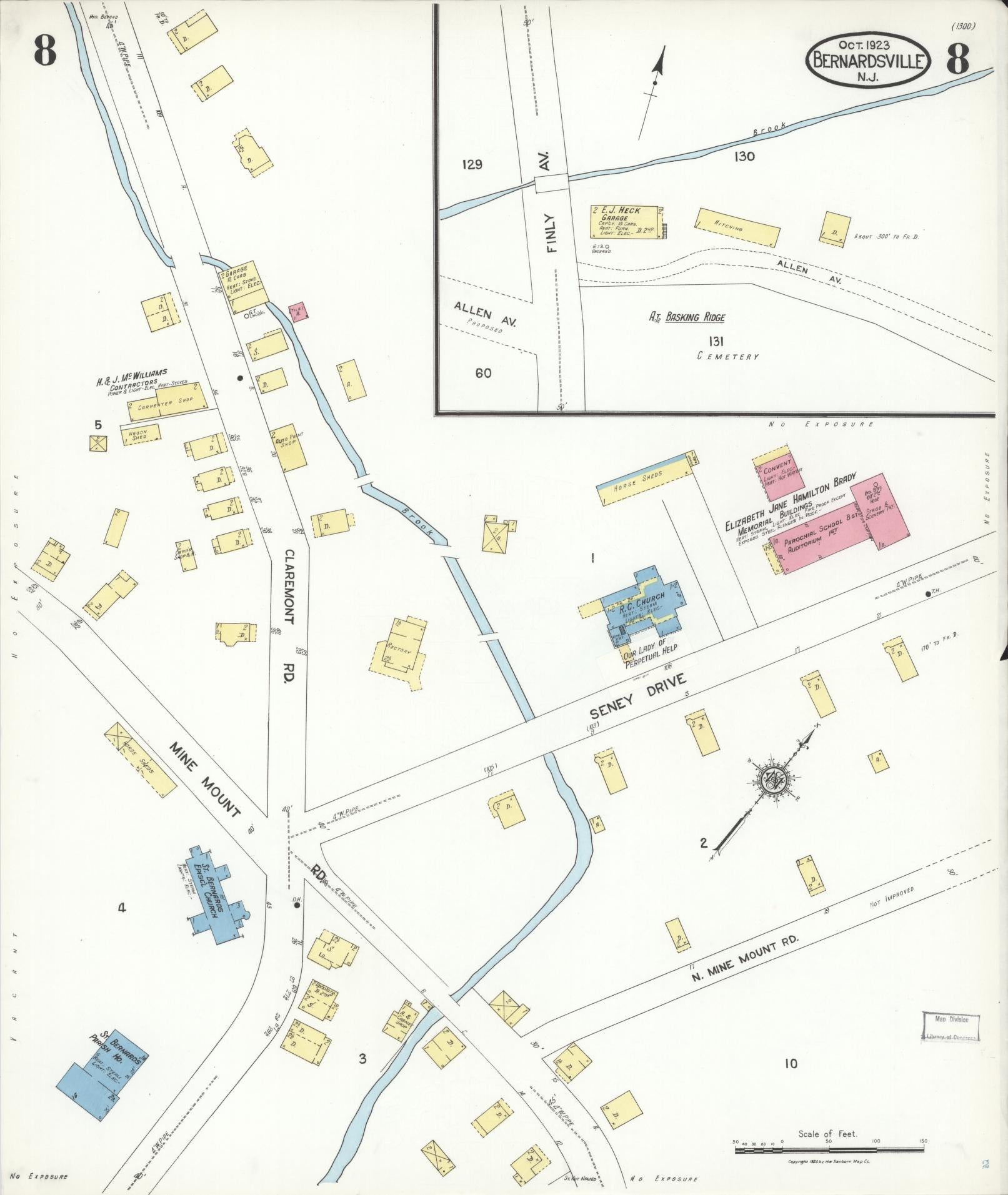 Sanborn Fire Insurance Map from Bernardsville, Somerset County, New Jersey (1923), Sheet #0008 - Historic Sanborn Fire Insurance Map Print, vintage old map wall art, antique decor, genealogy gift, New Jersey New Jersey map