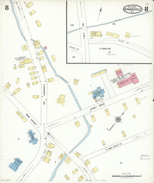 Sanborn Fire Insurance Map from Bernardsville, Somerset County, New Jersey (1923), Sheet #0008 - Historic Sanborn Fire Insurance Map Print, vintage old map wall art, antique decor, genealogy gift, New Jersey New Jersey map