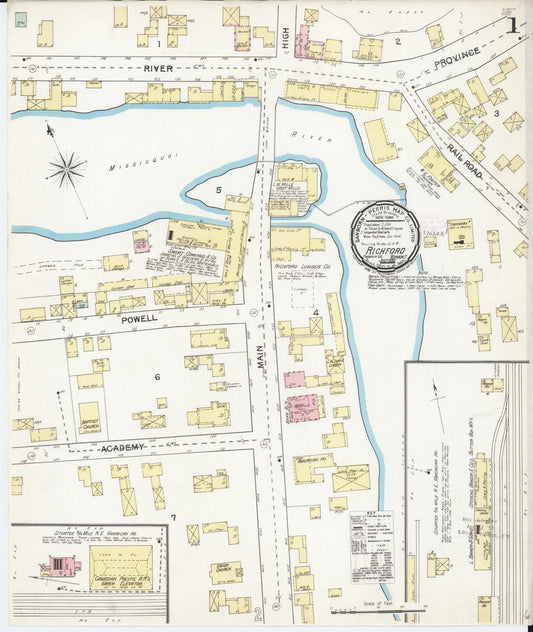 Sanborn Fire Insurance Map from Richford, Franklin County, Vermont (1892), Sheet #0001 - Historic Sanborn Fire Insurance Map Print, vintage old map wall art, antique decor, genealogy gift, Vermont Vermont map