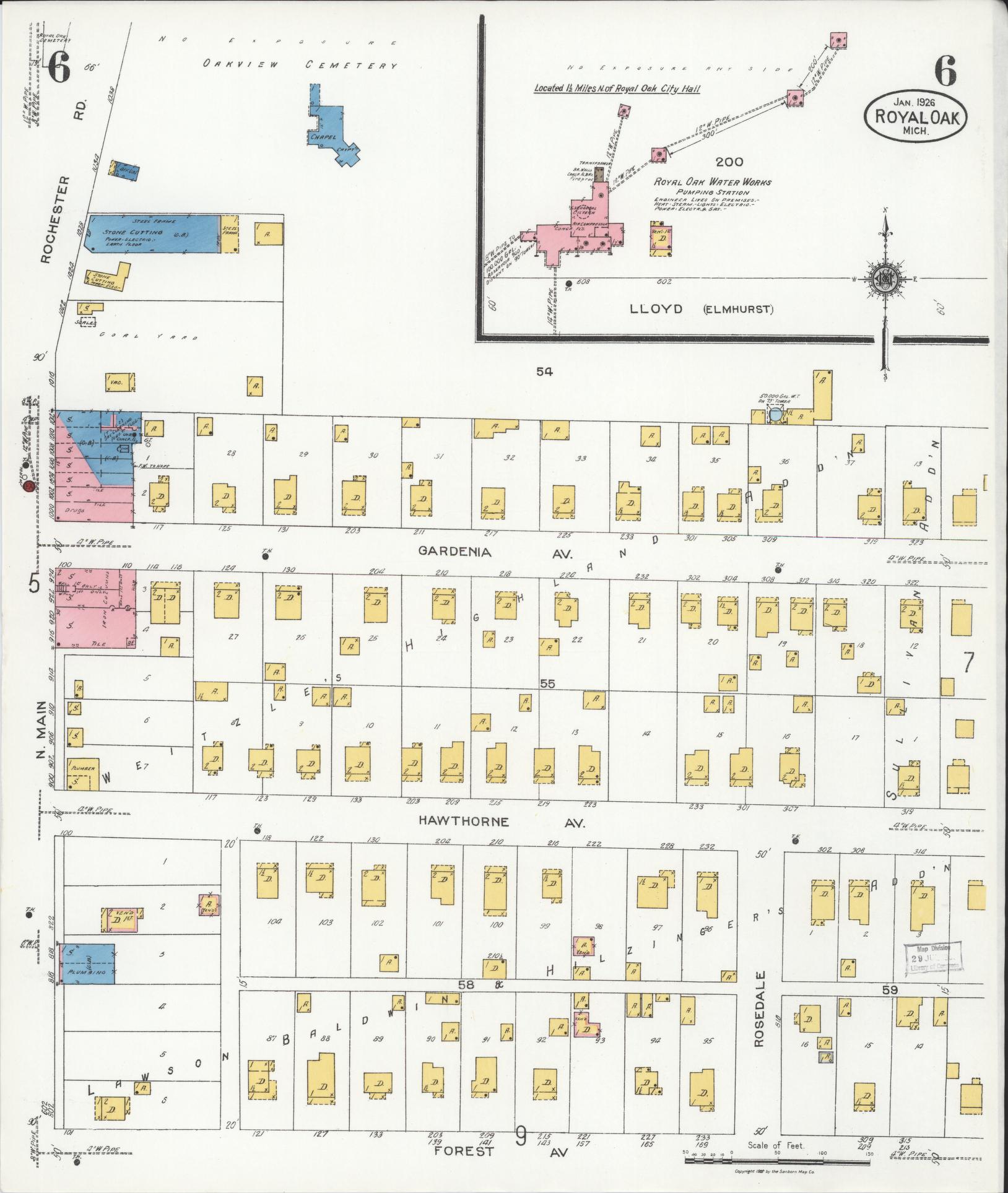 Sanborn Fire Insurance Map from Royal Oak, Oakland County, Michigan (1926), Sheet #0006 - Complete Map Set gallery image, historic Sanborn map, vintage wall art, Michigan Michigan