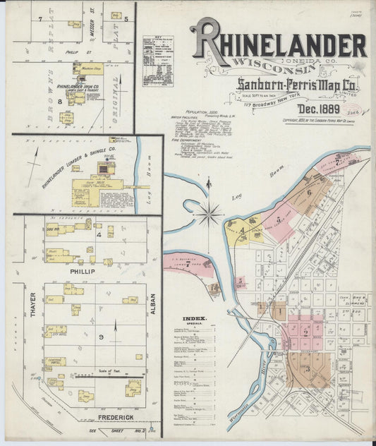 Sanborn Fire Insurance Map from Rhinelander, Oneida County, Wisconsin (1889), Sheet #0001 - Historic Sanborn Fire Insurance Map Print, vintage old map wall art, antique decor, genealogy gift, Wisconsin Wisconsin map