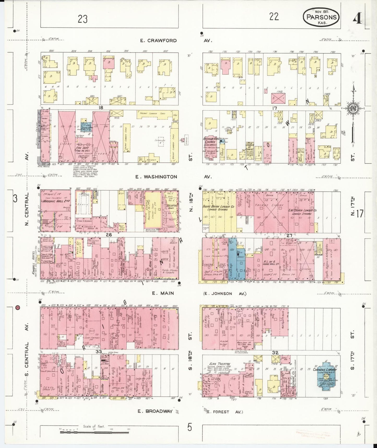 Sanborn Fire Insurance Map from Parsons, Labette County, Kansas (1911), Sheet #0004 - Complete Map Set gallery image, historic Sanborn map, vintage wall art, Kansas Kansas