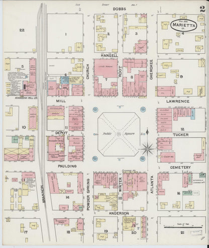 Sanborn Fire Insurance Map from Marietta, Cobb County, Georgia (1890), Sheet #0002 - Complete Map Set gallery image, historic Sanborn map, vintage wall art, Georgia Georgia