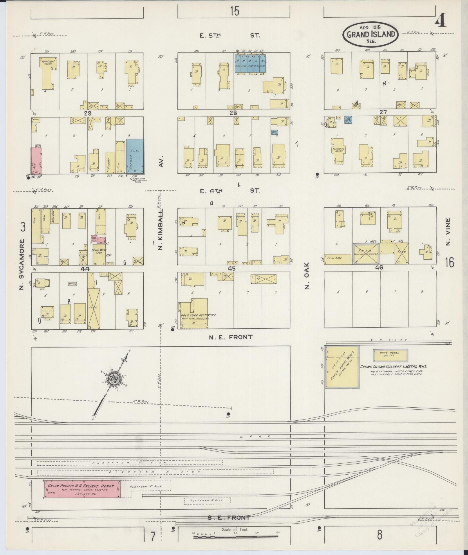 Sanborn Fire Insurance Map from Grand Island, Hall County, Nebraska (1915), Sheet #0004 - Historic Sanborn Fire Insurance Map Print, vintage old map wall art, antique decor, genealogy gift, Nebraska Nebraska map