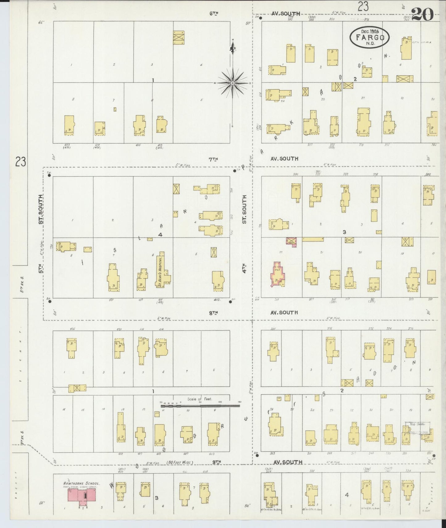 Sanborn Fire Insurance Map from Fargo, Cass County, North Dakota (1905), Sheet #0020 - Historic Sanborn Fire Insurance Map Print, vintage old map wall art, antique decor, genealogy gift, North Dakota North Dakota map