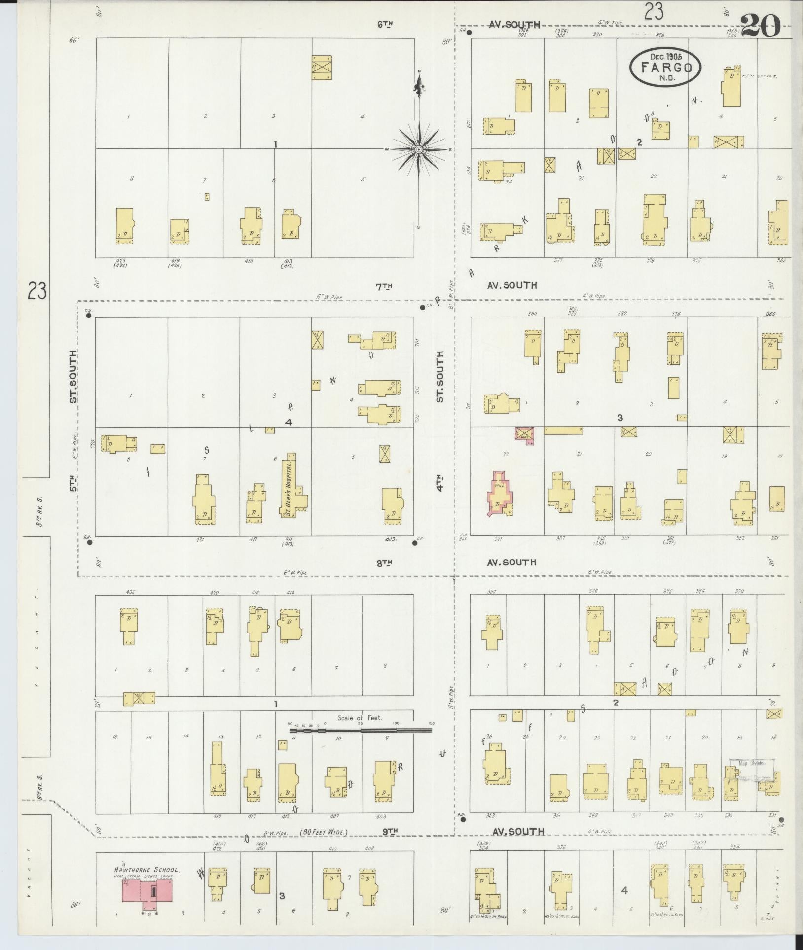 Sanborn Fire Insurance Map from Fargo, Cass County, North Dakota (1905), Sheet #0020 - Historic Sanborn Fire Insurance Map Print, vintage old map wall art, antique decor, genealogy gift, North Dakota North Dakota map